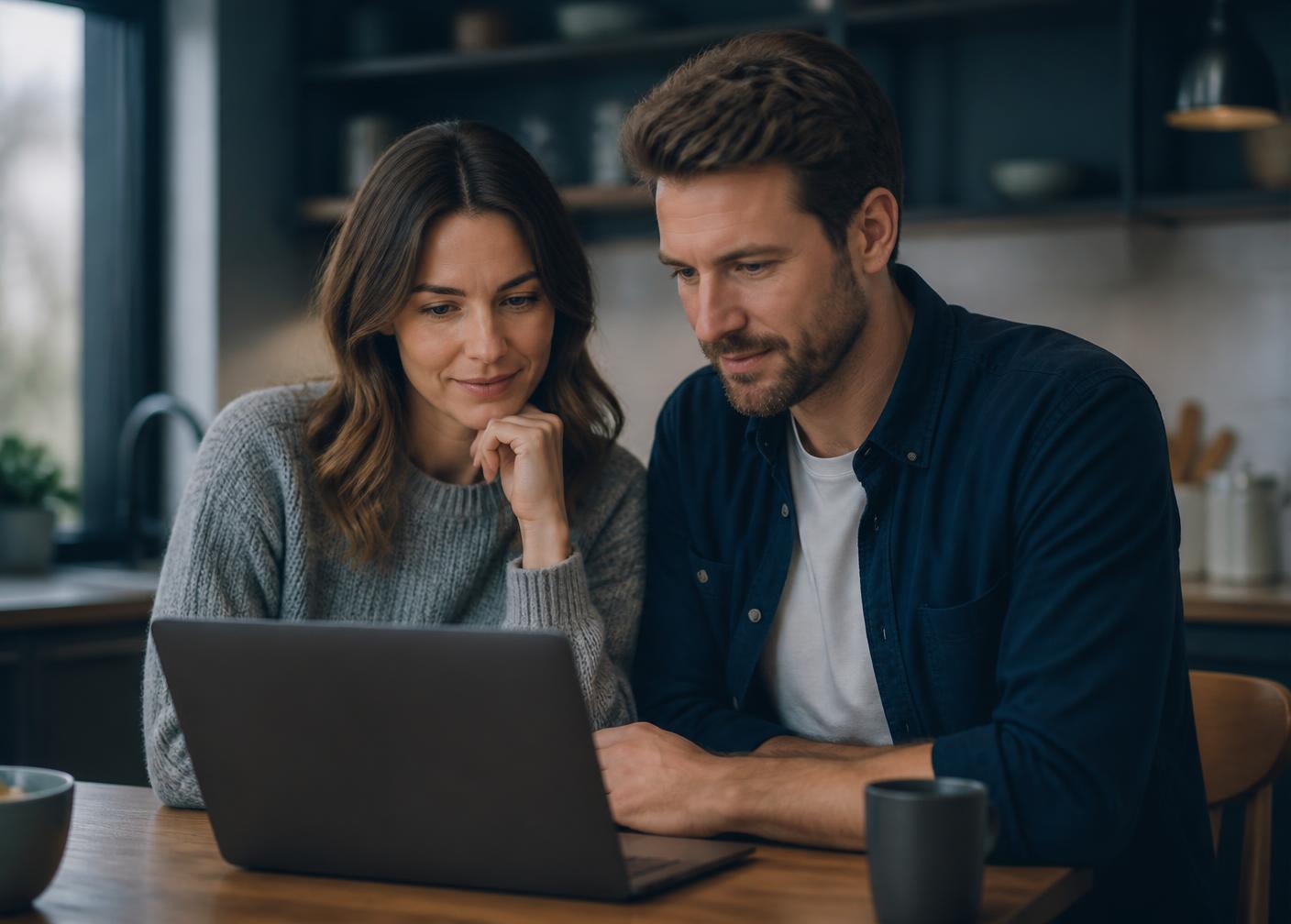A couple at their kitchen table reviewing their credit information together on a laptop
