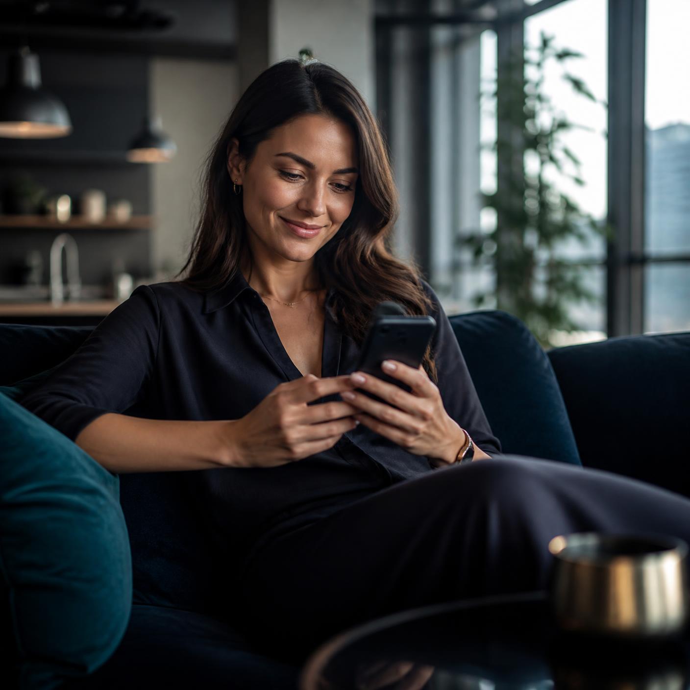 A person sitting at home, calmly reviewing their finances on a phone